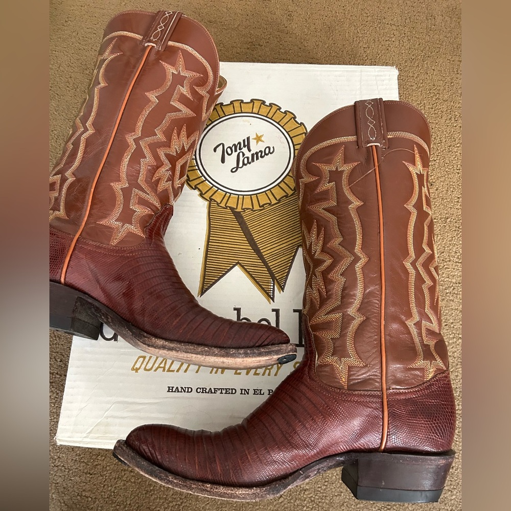Vintage TONY LAMA USA Lizard Skin Leather Western Cowboy Boots; size 6.5; GUC!